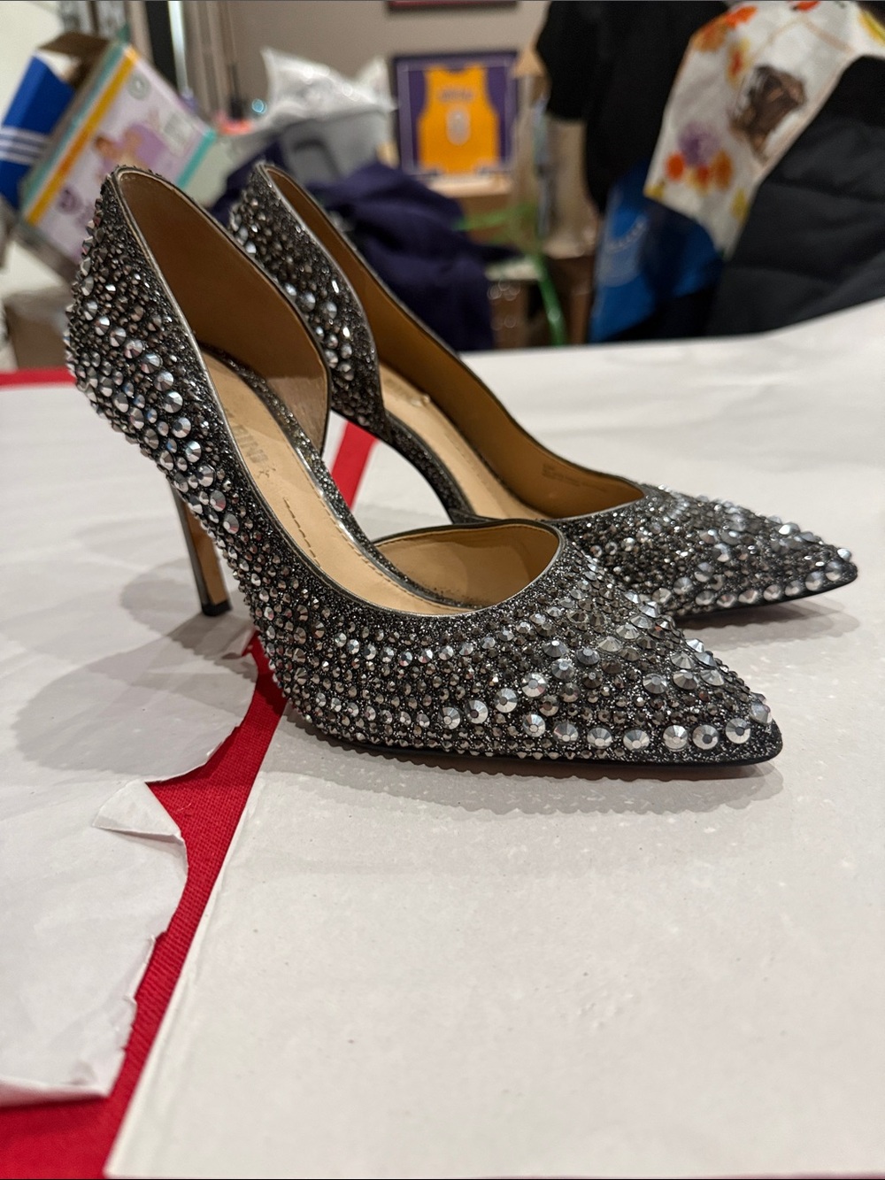 Embellished Pointed-Toe High Heels in Silver